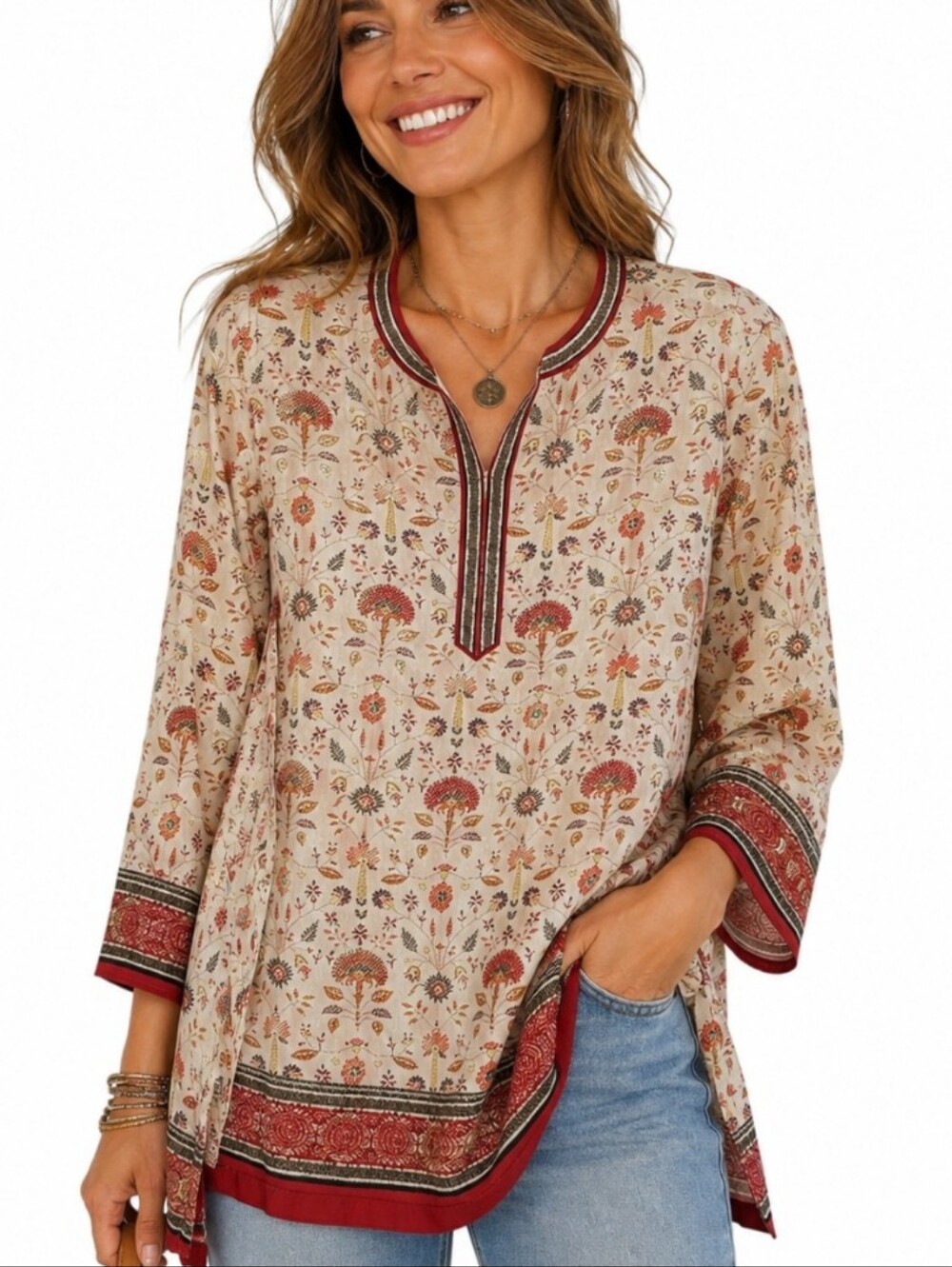 BIBA Floral Border Print Tunic Top Size 38 Medium